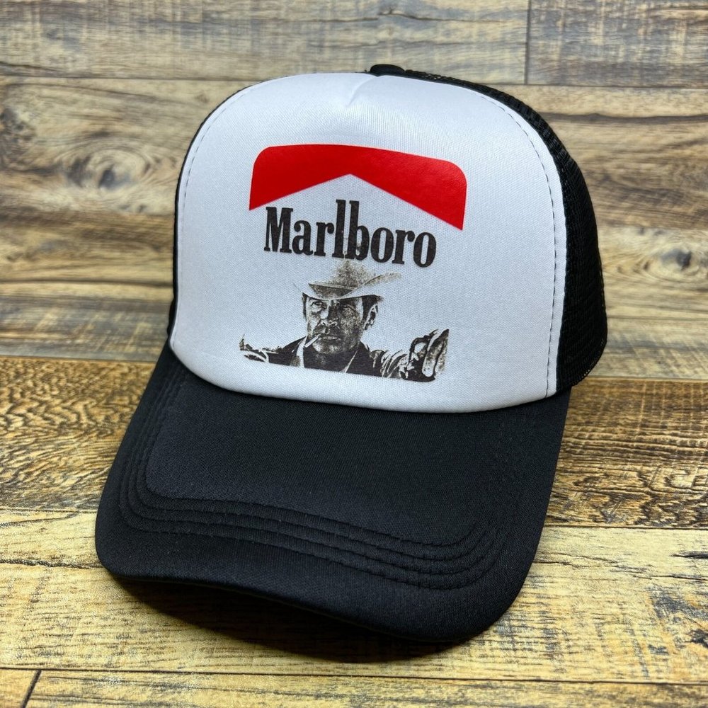 Marlboro Man Mens Trucker Hat Black Snapback Vintage Cigarette Ad Baseball Cap